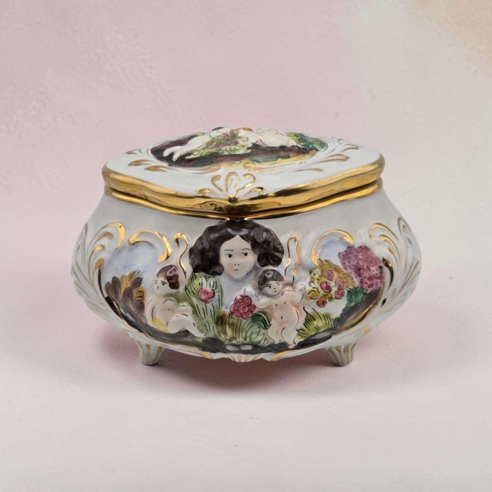 Vintage Capodimonte Italian Footed Earthenware Box Cherubs Woman Flowers